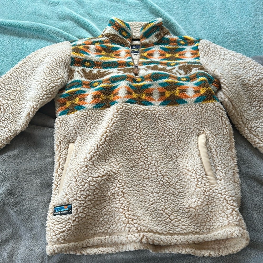 Simply southern small fuzzy multi-colored zip up.